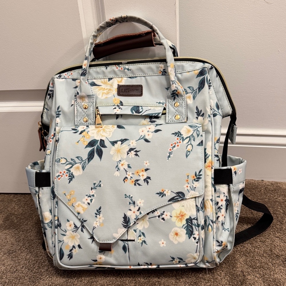LitBear floral light blue diaper bag backpack